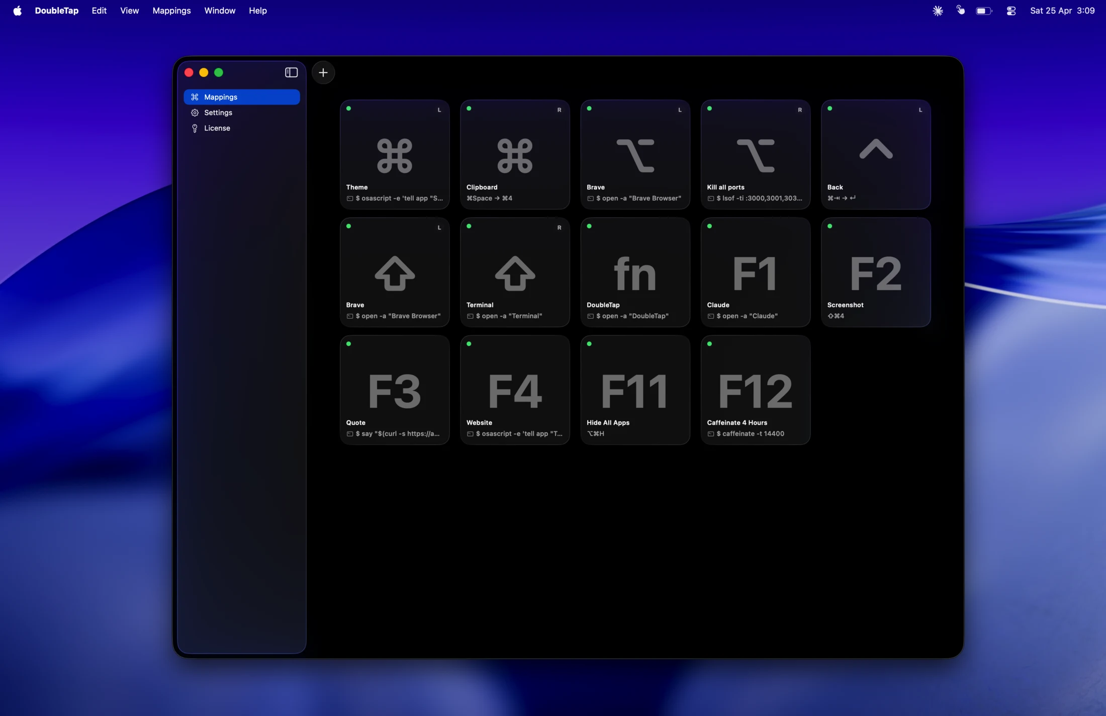 DoubleTap settings window showing trigger and action mappings